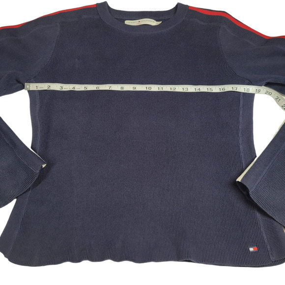 Vintage Y2K Tommy Hilfiger Blue Knit Sweater Stripe Sleeve Women’s XL - Picture 7 of 11